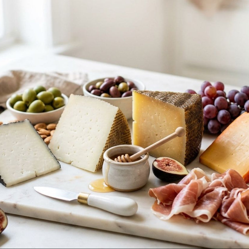 Assorted cheeses, cured meats, and fruits on a marble board with a window in the background.
